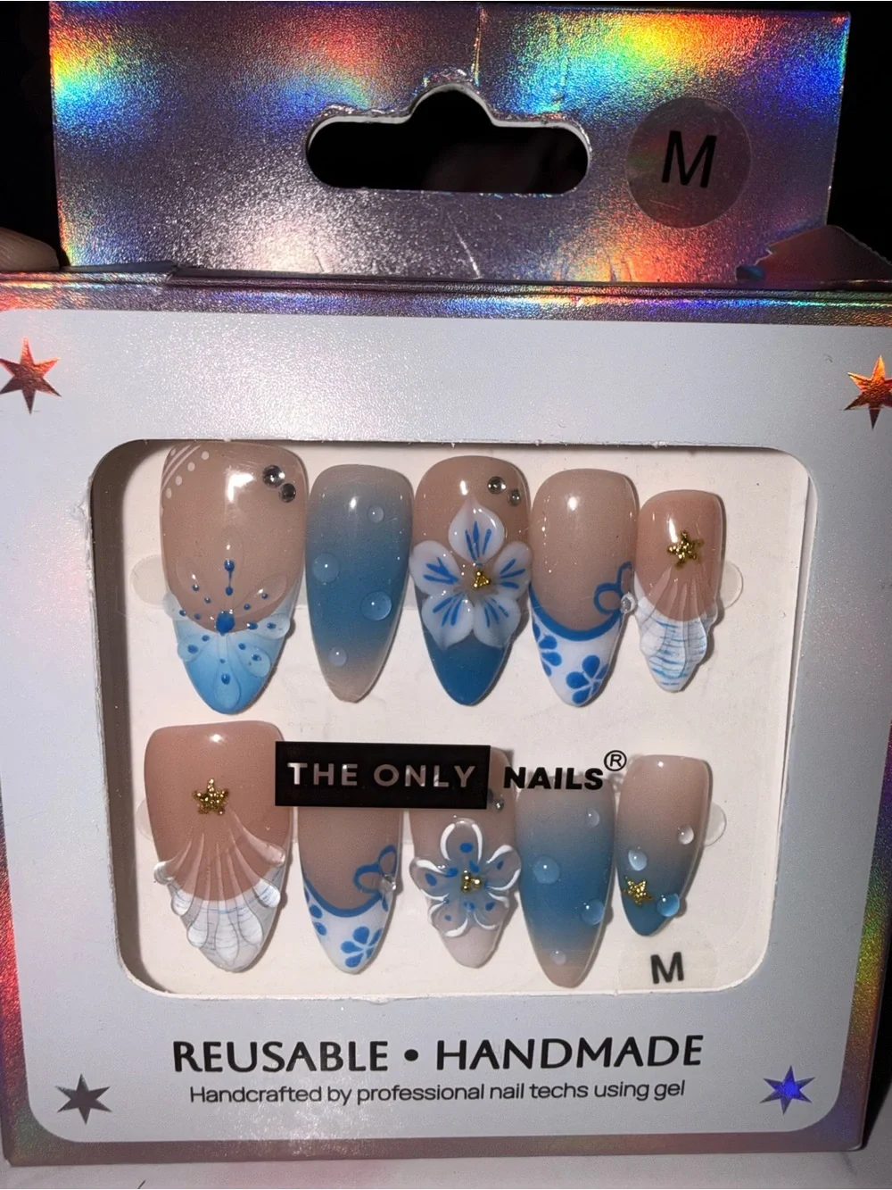 The Only Nails Reuable Handmade Blue Floral Medium Almond Press On Nails